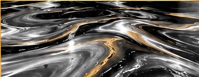 Illustrative metallic epoxy coating with flowing black, silver, and gold patterns
