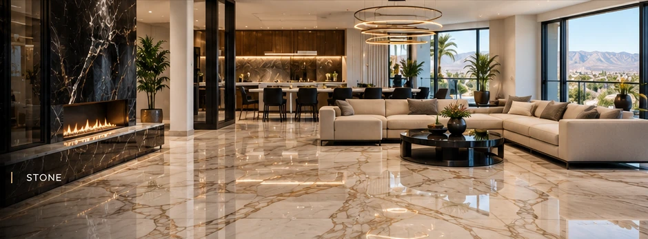 Illustrative modern luxury living room with polished marble and natural stone flooring, and garden views